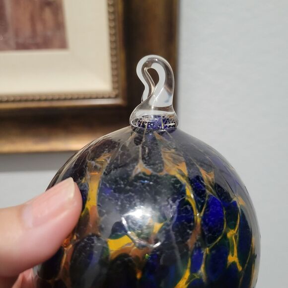 Hand Blown Art Glass Witch Ball Orb Ornament Suncatcher Blue Yellow 3" 2010 sign - Picture 6 of 8